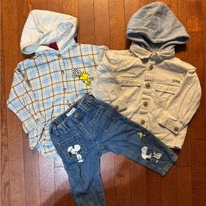Zara Peanuts Snoopy Plaid Hooded Kids Shirt and denim jeans jacket